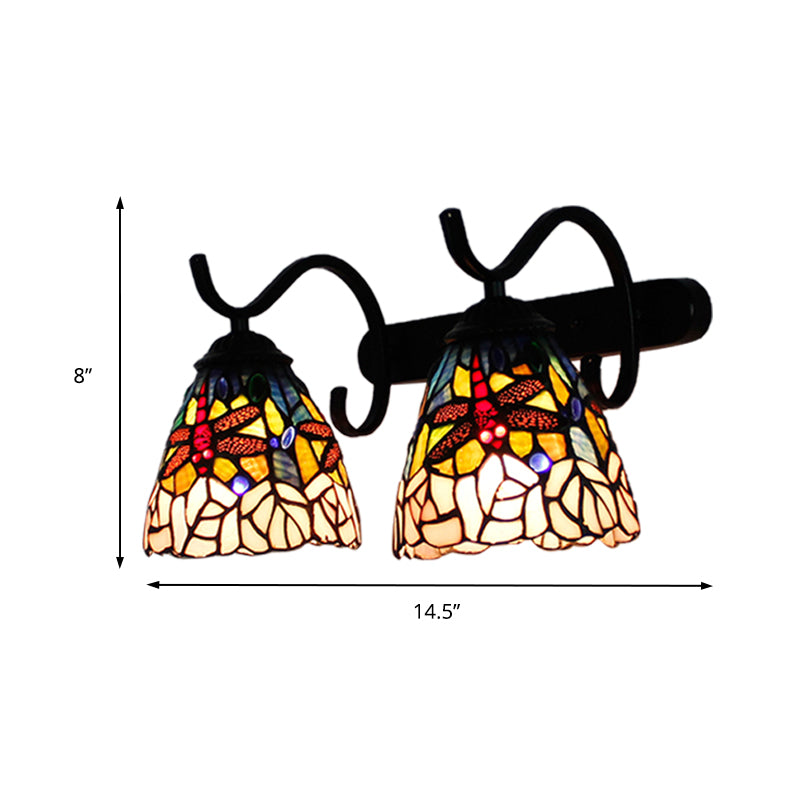 Country Style Dragonfly Wall Lighting Stained Glass Double Sconce Light with Curved Arm in Black Clearhalo 'Industrial' 'Middle century wall lights' 'Tiffany wall lights' 'Tiffany' 'Wall Lamps & Sconces' 'Wall Lights' Lighting' 173903