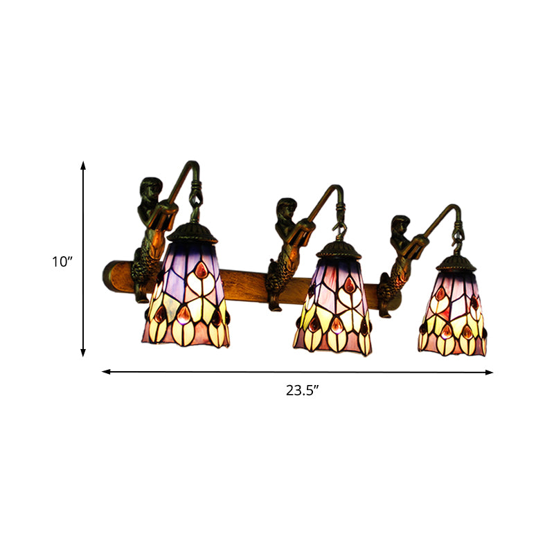 Flared Wall Mounted Light Tiffany Stained Glass 3 Heads Brass Sconce Light Fixture with Peacock Tail/Flower Pattern Clearhalo 'Industrial' 'Middle century wall lights' 'Tiffany wall lights' 'Tiffany' 'Wall Lamps & Sconces' 'Wall Lights' Lighting' 173911