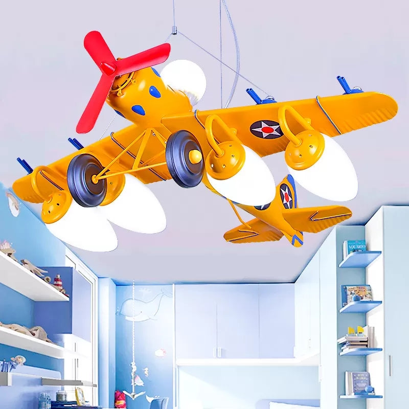Cool Fighter Airplane Pendant Light Metal 5 Lights Pendant Lamp for Kindergarten Bedroom Yellow Clearhalo 'Ceiling Lights' 'Chandeliers' Lighting' options 17396_8bcd4e36-7fa2-4532-8836-183ef7c75d79