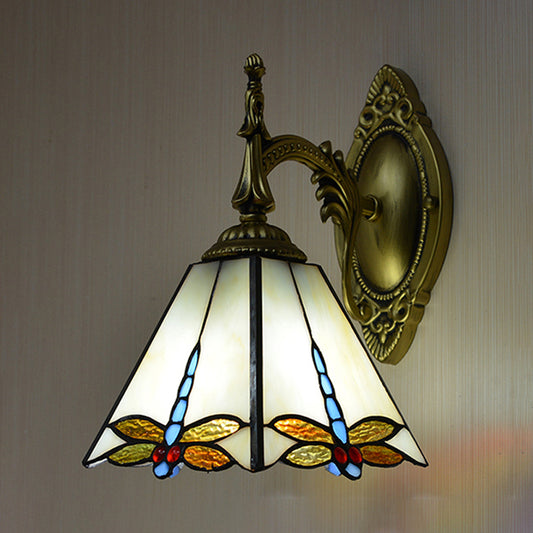 Lodge Dragonfly Wall Sconce Lighting Stained Glass 1 Light Decorative Wall Mount Lamp Beige Clearhalo 'Modern wall lights' 'Modern' 'Wall Lamps & Sconces' 'Wall Lights' Lighting' 174061