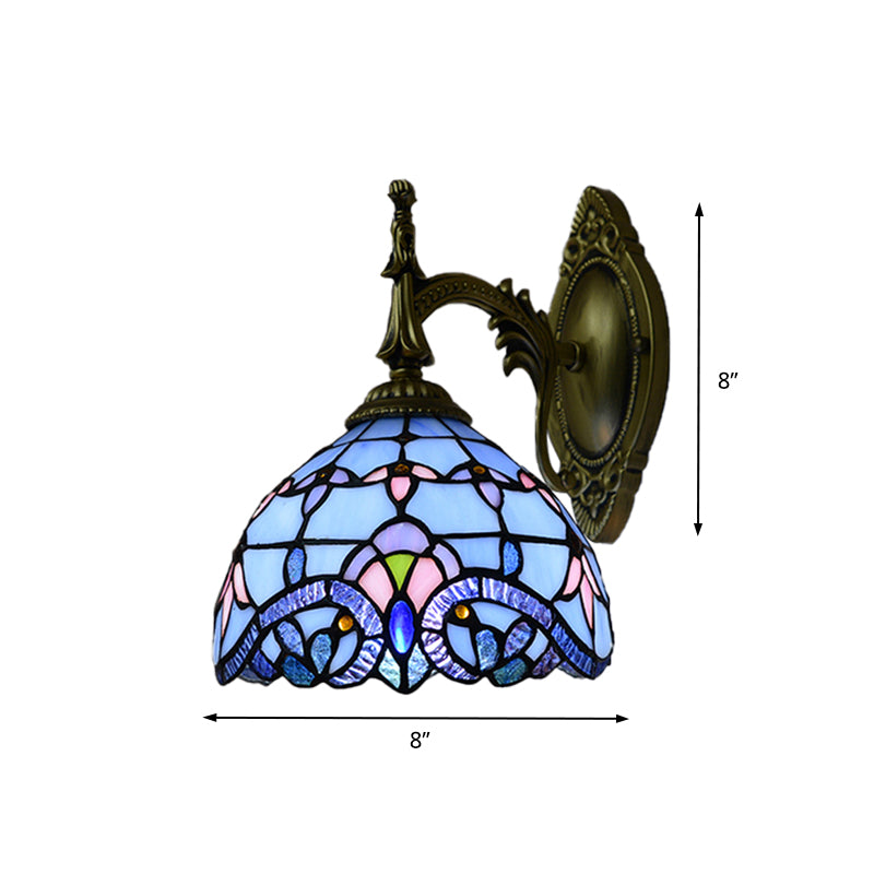 Victorian Wall Sconce with Bowl Shade Stained Glass 1 Head Wall Lighting in Blue for Living Room Clearhalo 'Industrial' 'Middle century wall lights' 'Tiffany wall lights' 'Tiffany' 'Wall Lamps & Sconces' 'Wall Lights' Lighting' 174098