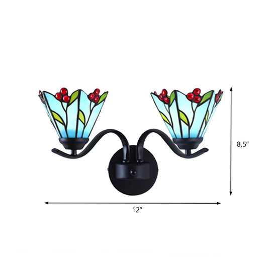 Blue Glass Lily Sconce Light Fixture Tiffany 2 Heads Black Wall Mounted Lamp for Corridor Clearhalo 'Industrial' 'Middle century wall lights' 'Tiffany wall lights' 'Tiffany' 'Wall Lamps & Sconces' 'Wall Lights' Lighting' 174115