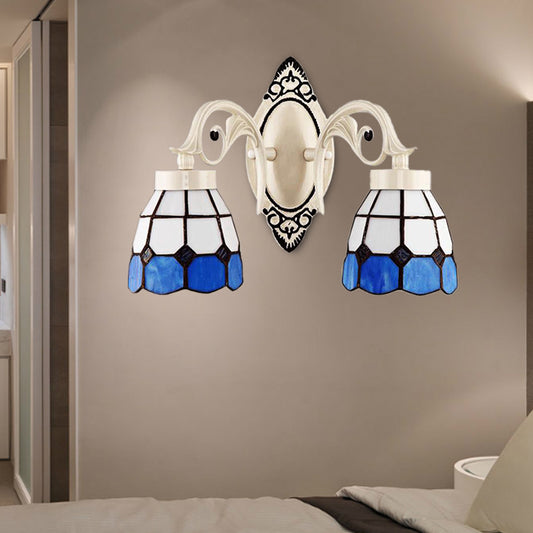 Bowl Shade Bedroom Wall Light Stained Glass 2 Lights Tiffany Style Sconce Light in White White Clearhalo 'Industrial' 'Middle century wall lights' 'Tiffany wall lights' 'Tiffany' 'Wall Lamps & Sconces' 'Wall Lights' Lighting' 174164