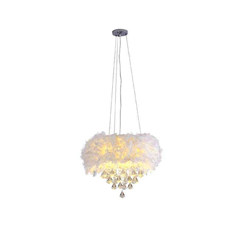 Drum Dining Room Hanging Light Feather Romantic Suspension Light with Crystal Deco in White Clearhalo 'Ceiling Lights' 'Pendant Lights' 'Pendants' Lighting' 174259