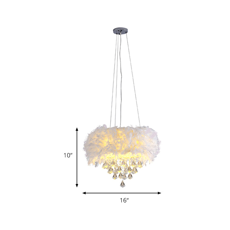 Drum Dining Room Hanging Light Feather Romantic Suspension Light with Crystal Deco in White Clearhalo 'Ceiling Lights' 'Pendant Lights' 'Pendants' Lighting' 174260