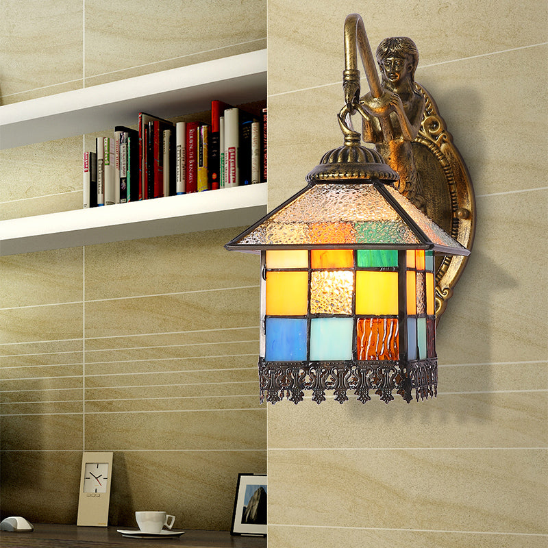 Brass House Sconce Light Tiffany 1 Head Multicolor Stained Glass Wall Mount Light Brass Clearhalo 'Wall Lamps & Sconces' 'Wall Lights' Lighting' 174274