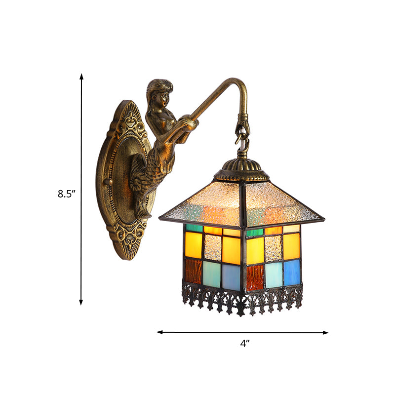 Brass House Sconce Light Tiffany 1 Head Multicolor Stained Glass Wall Mount Light Clearhalo 'Wall Lamps & Sconces' 'Wall Lights' Lighting' 174277