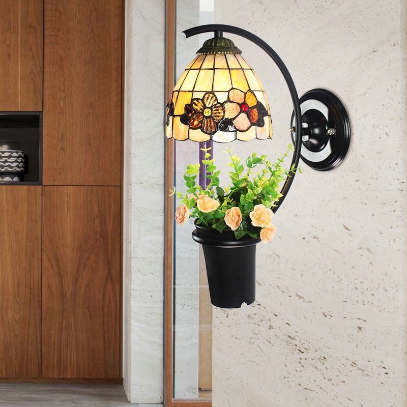 Beige Glass Dome Wall Mount Light Tiffany 1 Head Black Sconce Light with Flower Decoration Beige Clearhalo 'Industrial' 'Middle century wall lights' 'Tiffany wall lights' 'Tiffany' 'Wall Lamps & Sconces' 'Wall Lights' Lighting' 174401