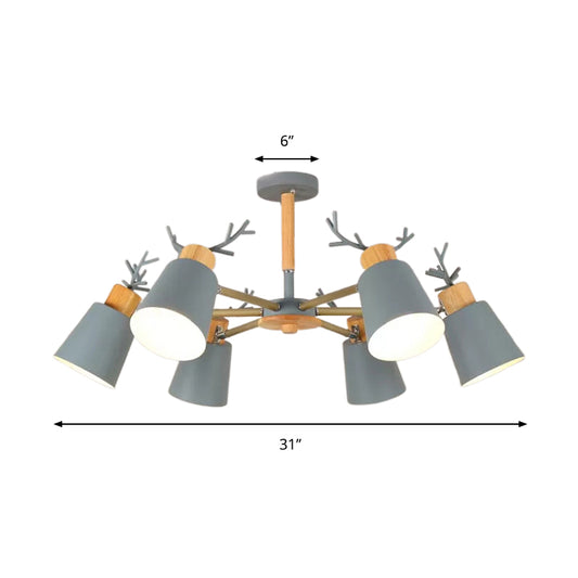 Nordic Bucket Semi Ceiling Mount Light Metal Wood Ceiling Lamp in Green for Living Room Clearhalo 'Ceiling Lights' 'Chandeliers' Lighting' options 174594
