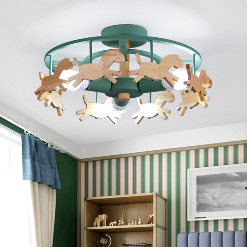 Macaron Merry-go-round Ceiling Light Metal Wood 3 Lights Green Semi Flush Light for Dining Room Green Clearhalo 'Ceiling Lights' 'Close To Ceiling Lights' 'Close to ceiling' 'Semi-flushmount' Lighting' 174624