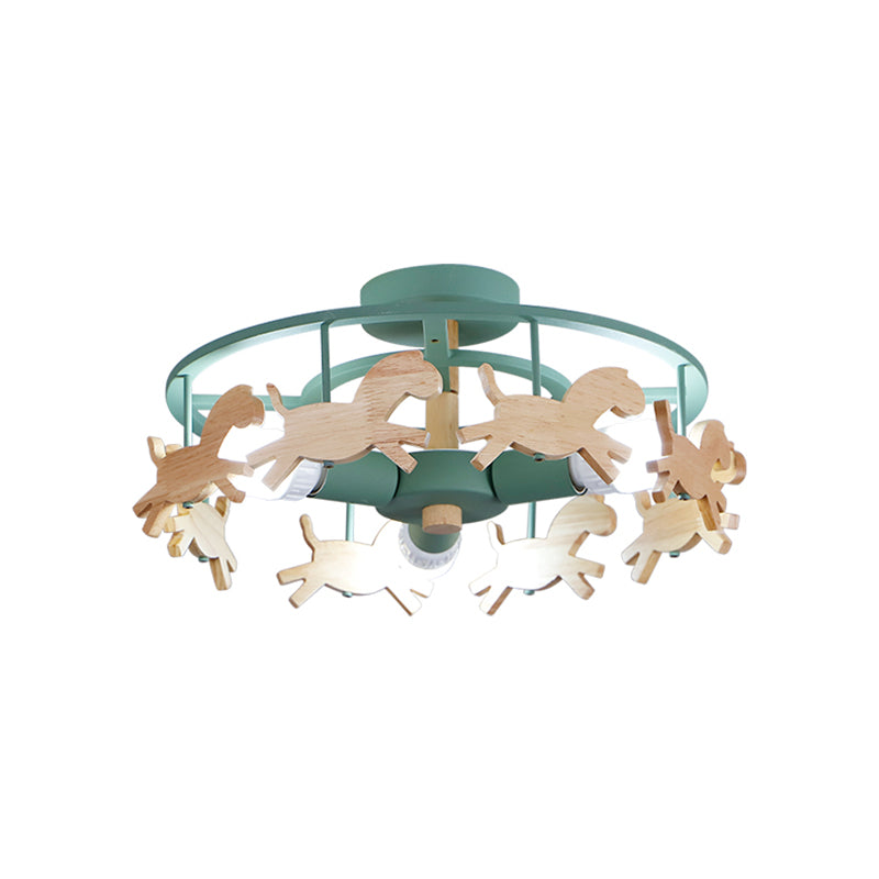 Macaron Merry-go-round Ceiling Light Metal Wood 3 Lights Green Semi Flush Light for Dining Room Clearhalo 'Ceiling Lights' 'Close To Ceiling Lights' 'Close to ceiling' 'Semi-flushmount' Lighting' 174626