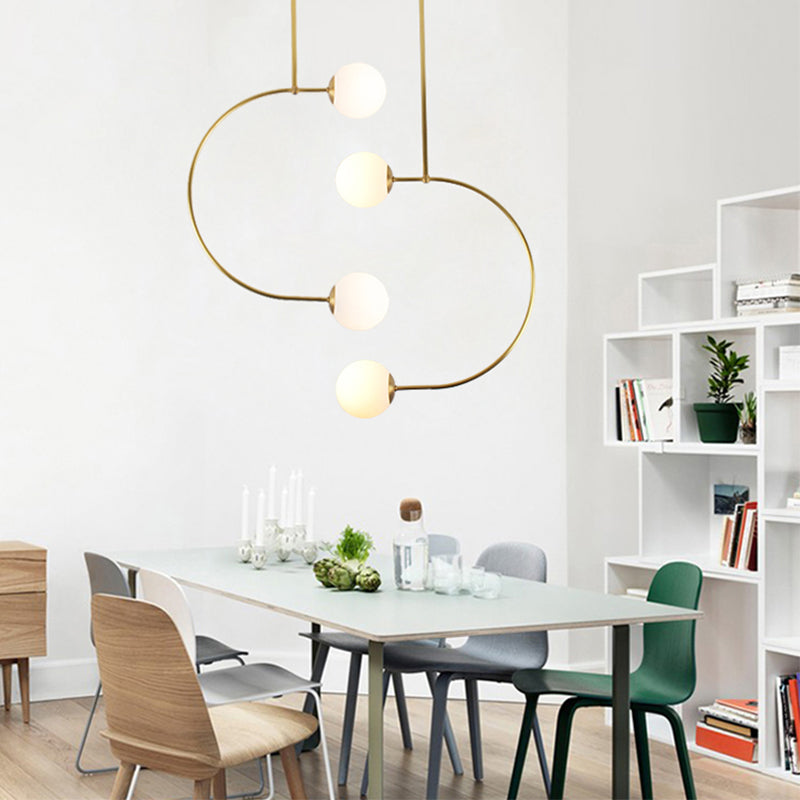 Metal C Shaped Hanging Pendant Light with Milk Glass Ball Shade Modern 2 Lights Suspended Lamp in Gold Gold Clearhalo 'Ceiling Lights' 'Modern Pendants' 'Modern' 'Pendant Lights' 'Pendants' Lighting' 174654