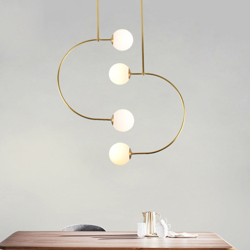 Metal C Shaped Hanging Pendant Light with Milk Glass Ball Shade Modern 2 Lights Suspended Lamp in Gold Clearhalo 'Ceiling Lights' 'Modern Pendants' 'Modern' 'Pendant Lights' 'Pendants' Lighting' 174655