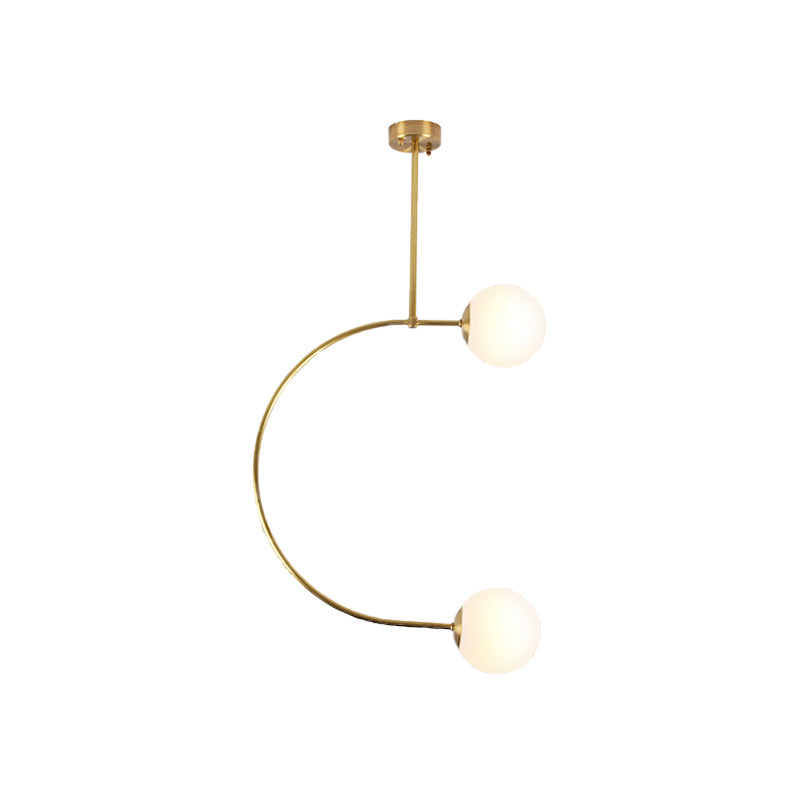 Metal C Shaped Hanging Pendant Light with Milk Glass Ball Shade Modern 2 Lights Suspended Lamp in Gold Clearhalo 'Ceiling Lights' 'Modern Pendants' 'Modern' 'Pendant Lights' 'Pendants' Lighting' 174657