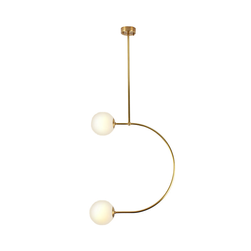 Metal C Shaped Hanging Pendant Light with Milk Glass Ball Shade Modern 2 Lights Suspended Lamp in Gold Clearhalo 'Ceiling Lights' 'Modern Pendants' 'Modern' 'Pendant Lights' 'Pendants' Lighting' 174658