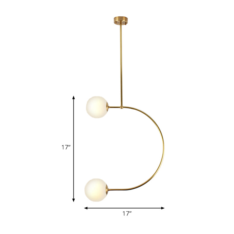 Metal C Shaped Hanging Pendant Light with Milk Glass Ball Shade Modern 2 Lights Suspended Lamp in Gold Clearhalo 'Ceiling Lights' 'Modern Pendants' 'Modern' 'Pendant Lights' 'Pendants' Lighting' 174659