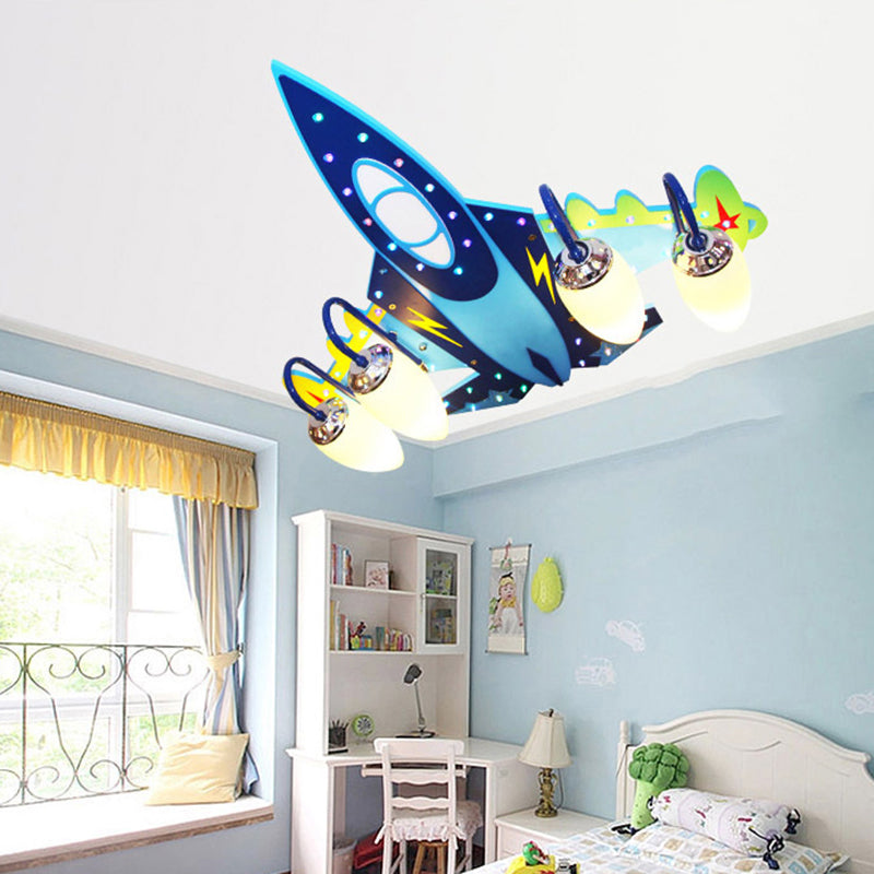 Four Lights Fighter Airplane Ceiling Light Cool Wood Flush Mount Light in Blue for Boys Bedroom Blue Clearhalo 'Ceiling Lights' 'Close To Ceiling Lights' 'Close to ceiling' 'Flush mount' Lighting' 174804