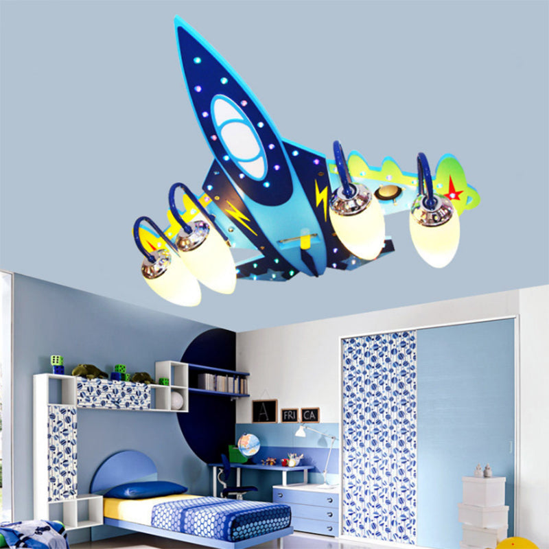 Four Lights Fighter Airplane Ceiling Light Cool Wood Flush Mount Light in Blue for Boys Bedroom Clearhalo 'Ceiling Lights' 'Close To Ceiling Lights' 'Close to ceiling' 'Flush mount' Lighting' 174805