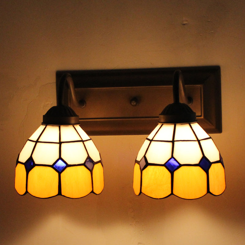 Grid Patterned Amber Glass Sconce Light Baroque 2 Heads Black Wall Light Fixture Clearhalo 'Industrial' 'Middle century wall lights' 'Tiffany wall lights' 'Tiffany' 'Wall Lamps & Sconces' 'Wall Lights' Lighting' 174814