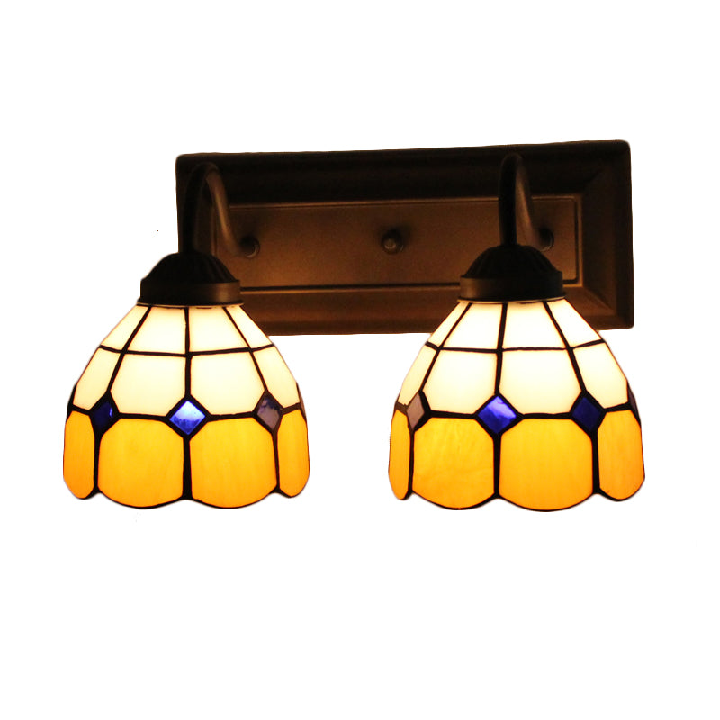 Grid Patterned Amber Glass Sconce Light Baroque 2 Heads Black Wall Light Fixture Clearhalo 'Industrial' 'Middle century wall lights' 'Tiffany wall lights' 'Tiffany' 'Wall Lamps & Sconces' 'Wall Lights' Lighting' 174815