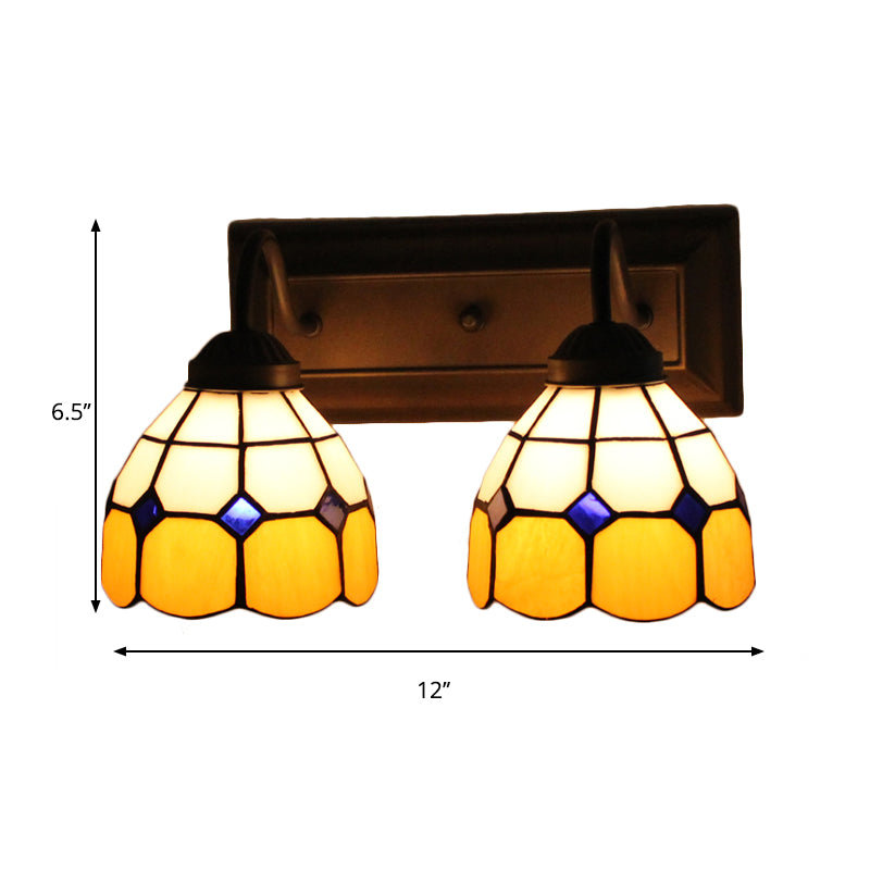 Grid Patterned Amber Glass Sconce Light Baroque 2 Heads Black Wall Light Fixture Clearhalo 'Industrial' 'Middle century wall lights' 'Tiffany wall lights' 'Tiffany' 'Wall Lamps & Sconces' 'Wall Lights' Lighting' 174816