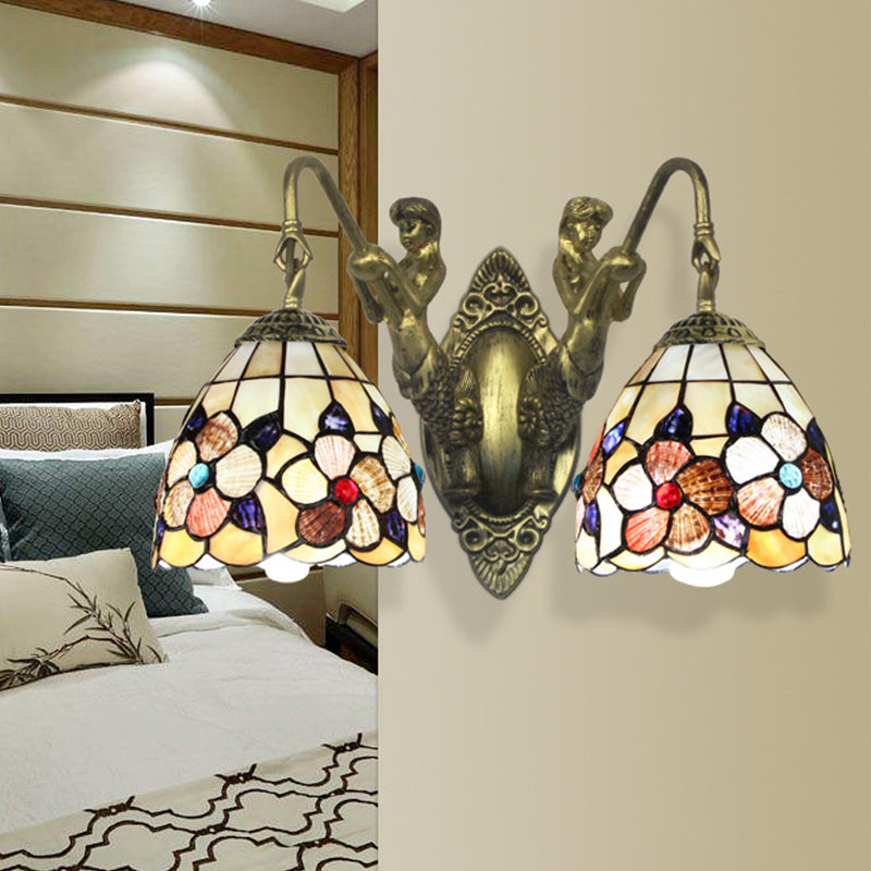Flower Bedroom Wall Mounted Light Shell 2 Heads Victorian Sconce Light with Mermaid Backplate in Beige Clearhalo 'Industrial' 'Middle century wall lights' 'Tiffany wall lights' 'Tiffany' 'Wall Lamps & Sconces' 'Wall Lights' Lighting' 174840