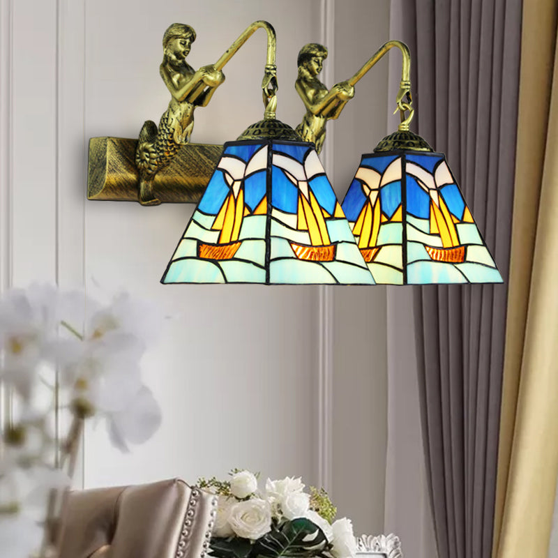 Blue Glass Sailboat Sconce Light Mediterranean 2 Heads Antique Brass Wall Mounted Lighting Blue Clearhalo 'Industrial' 'Middle century wall lights' 'Tiffany wall lights' 'Tiffany' 'Wall Lamps & Sconces' 'Wall Lights' Lighting' 174859