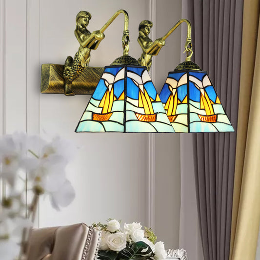 Blue Glass Sailboat Sconce Light Mediterranean 2 Heads Antique Brass Wall Mounted Lighting Blue Clearhalo 'Industrial' 'Middle century wall lights' 'Tiffany wall lights' 'Tiffany' 'Wall Lamps & Sconces' 'Wall Lights' Lighting' 174859