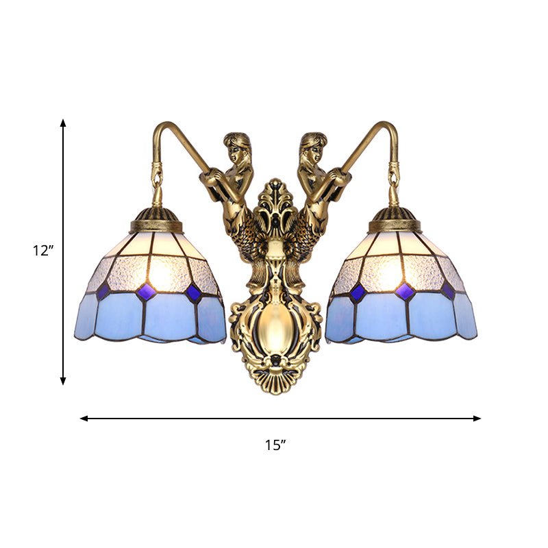 Blue Glass Brass Wall Light Fixture Dome 2 Heads Tiffany Sconce Lighting with Mermaid Backplate Clearhalo 'Cast Iron' 'Glass' 'Industrial' 'Middle century wall lights' 'Modern' 'Tiffany wall lights' 'Tiffany' 'Traditional wall lights' 'Wall Lamps & Sconces' 'Wall Lights' Lighting' 174866