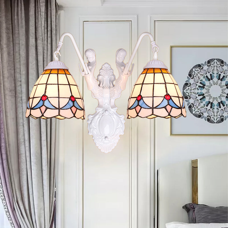 Bell Stained Glass Sconce Light Fixture Tiffany 2 Heads White Wall Mounted Light with Mermaid Decoration White Clearhalo 'Industrial' 'Middle century wall lights' 'Tiffany wall lights' 'Tiffany' 'Wall Lamps & Sconces' 'Wall Lights' Lighting' 174871