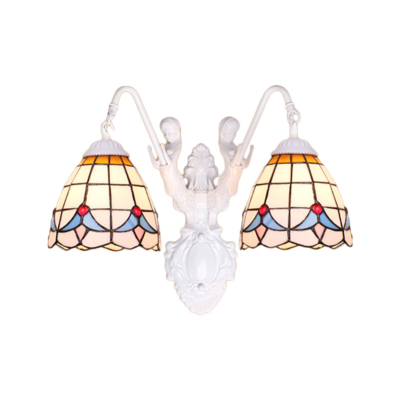 Bell Stained Glass Sconce Light Fixture Tiffany 2 Heads White Wall Mounted Light with Mermaid Decoration Clearhalo 'Industrial' 'Middle century wall lights' 'Tiffany wall lights' 'Tiffany' 'Wall Lamps & Sconces' 'Wall Lights' Lighting' 174873