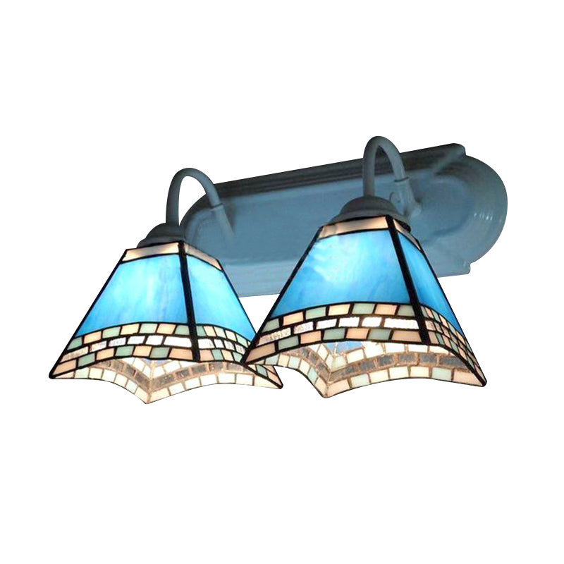 2 Heads Pyramid Wall Lamp with Blue Glass Shade Nautical Wall Mount Light for Bathroom Clearhalo 'Industrial' 'Middle century wall lights' 'Tiffany wall lights' 'Tiffany' 'Wall Lamps & Sconces' 'Wall Lights' Lighting' 174877