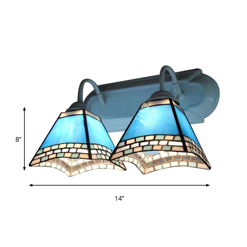 2 Heads Pyramid Wall Lamp with Blue Glass Shade Nautical Wall Mount Light for Bathroom Clearhalo 'Industrial' 'Middle century wall lights' 'Tiffany wall lights' 'Tiffany' 'Wall Lamps & Sconces' 'Wall Lights' Lighting' 174878