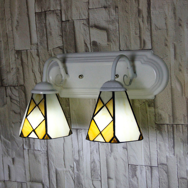Cone Wall Sconce Light 2 Heads Stained Glass Rustic Vintage Bathroom Wall Lighting in Beige Clearhalo 'Industrial' 'Middle century wall lights' 'Tiffany wall lights' 'Tiffany' 'Wall Lamps & Sconces' 'Wall Lights' Lighting' 174885