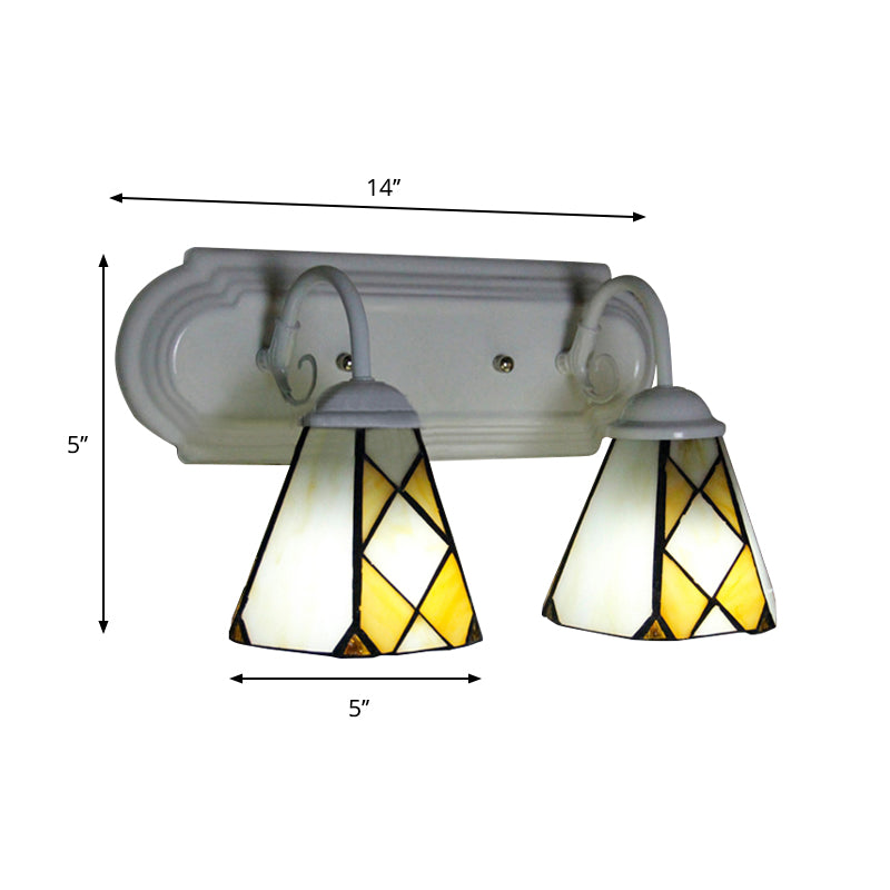 Cone Wall Sconce Light 2 Heads Stained Glass Rustic Vintage Bathroom Wall Lighting in Beige Clearhalo 'Industrial' 'Middle century wall lights' 'Tiffany wall lights' 'Tiffany' 'Wall Lamps & Sconces' 'Wall Lights' Lighting' 174887