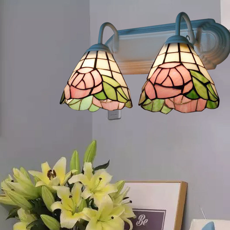 Pink Rose Wall Mount Light Victorian 2 Heads Multicolor Stained Glass Sconce Lighting Pink Clearhalo 'Industrial' 'Middle century wall lights' 'Tiffany wall lights' 'Tiffany' 'Wall Lamps & Sconces' 'Wall Lights' Lighting' 174921