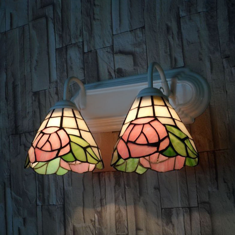 Pink Rose Wall Mount Light Victorian 2 Heads Multicolor Stained Glass Sconce Lighting Clearhalo 'Industrial' 'Middle century wall lights' 'Tiffany wall lights' 'Tiffany' 'Wall Lamps & Sconces' 'Wall Lights' Lighting' 174922