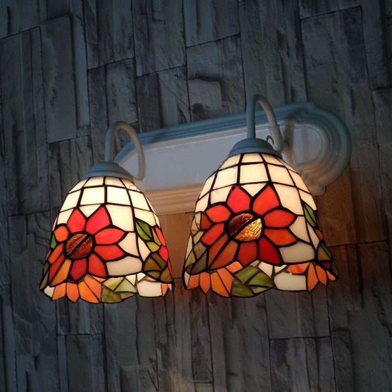 Stained Glass Orange Wall Light Fixture Sunflower 2 Heads Victorian Sconce Light Clearhalo 'Industrial' 'Middle century wall lights' 'Tiffany wall lights' 'Tiffany' 'Wall Lamps & Sconces' 'Wall Lights' Lighting' 174932