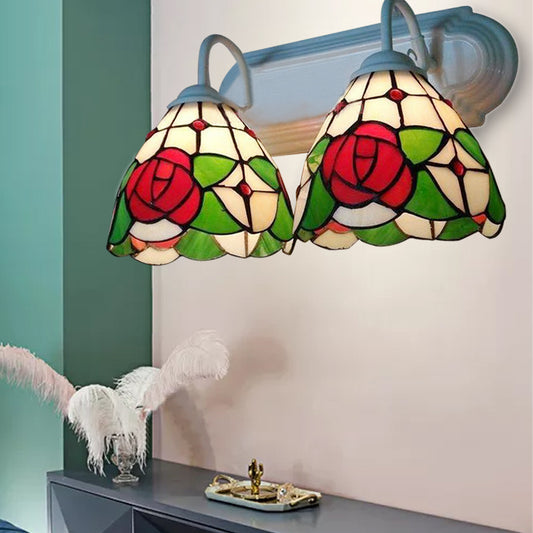 Rose Wall Mounted Light Victorian Stained Glass 2 Heads Red Sconce Light Fixture Red Clearhalo 'Industrial' 'Middle century wall lights' 'Tiffany wall lights' 'Tiffany' 'Wall Lamps & Sconces' 'Wall Lights' Lighting' 174935