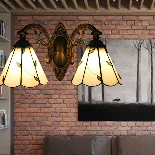 2 Lights Leaf Wall Mount Light with Curved Arm Lodge Style Stained Glass Wall Lamp in Beige Beige Clearhalo 'Industrial' 'Middle century wall lights' 'Tiffany wall lights' 'Tiffany' 'Wall Lamps & Sconces' 'Wall Lights' Lighting' 175112