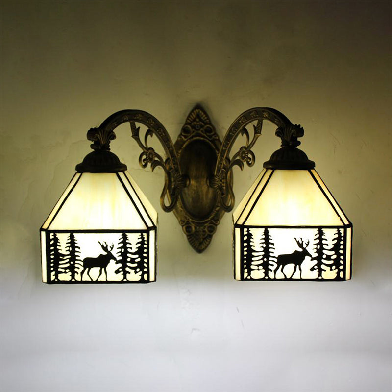 2 Heads Deer Sconce Lamp with Carved Arm Lodge Stained Glass Wall Lighting in Beige for Corridor Clearhalo 'Industrial' 'Middle century wall lights' 'Tiffany wall lights' 'Tiffany' 'Wall Lamps & Sconces' 'Wall Lights' Lighting' 175117