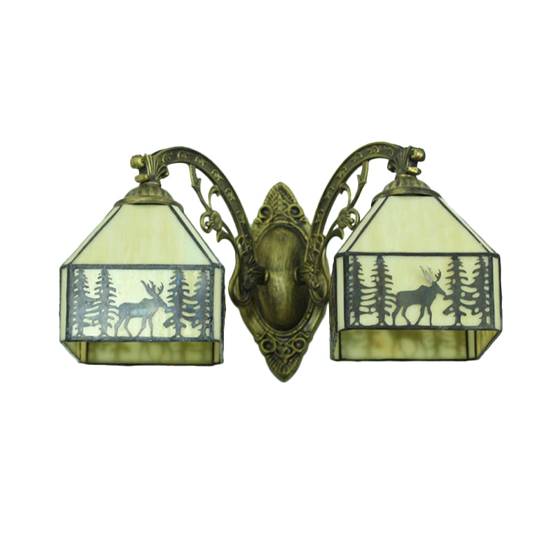 2 Heads Deer Sconce Lamp with Carved Arm Lodge Stained Glass Wall Lighting in Beige for Corridor Clearhalo 'Industrial' 'Middle century wall lights' 'Tiffany wall lights' 'Tiffany' 'Wall Lamps & Sconces' 'Wall Lights' Lighting' 175118