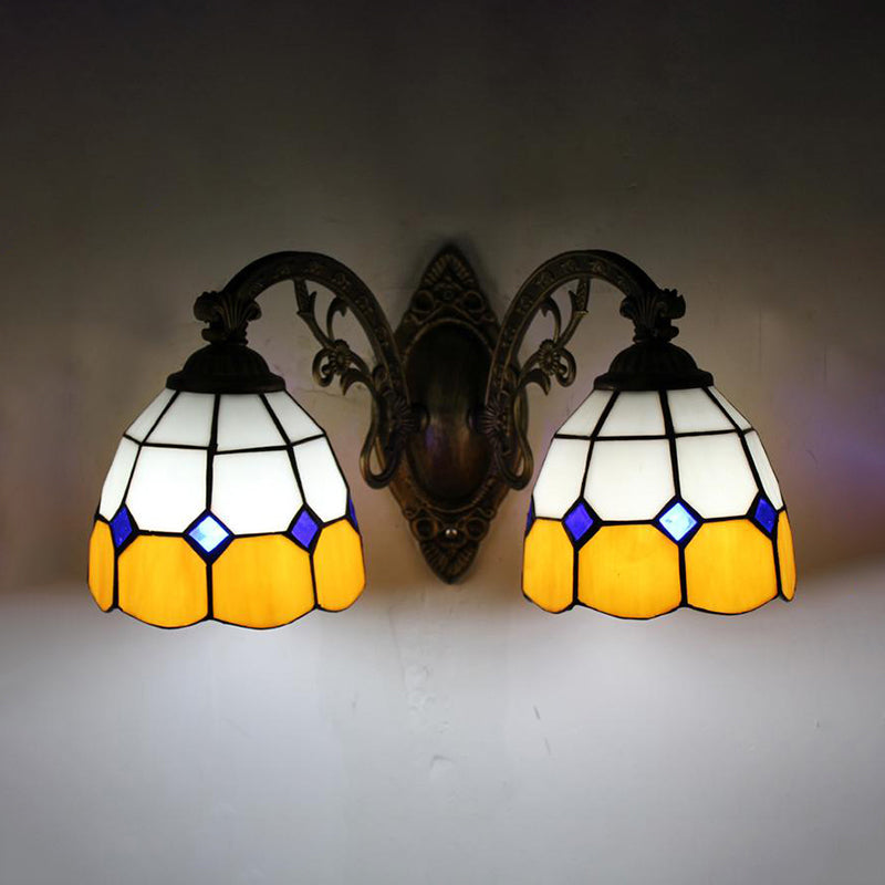 Curved Arm Wall Mount Light with Amber Glass Bowl Shade 2 Heads Vintage Wall Light in Yellow Clearhalo 'Industrial' 'Middle century wall lights' 'Tiffany wall lights' 'Tiffany' 'Wall Lamps & Sconces' 'Wall Lights' Lighting' 175128