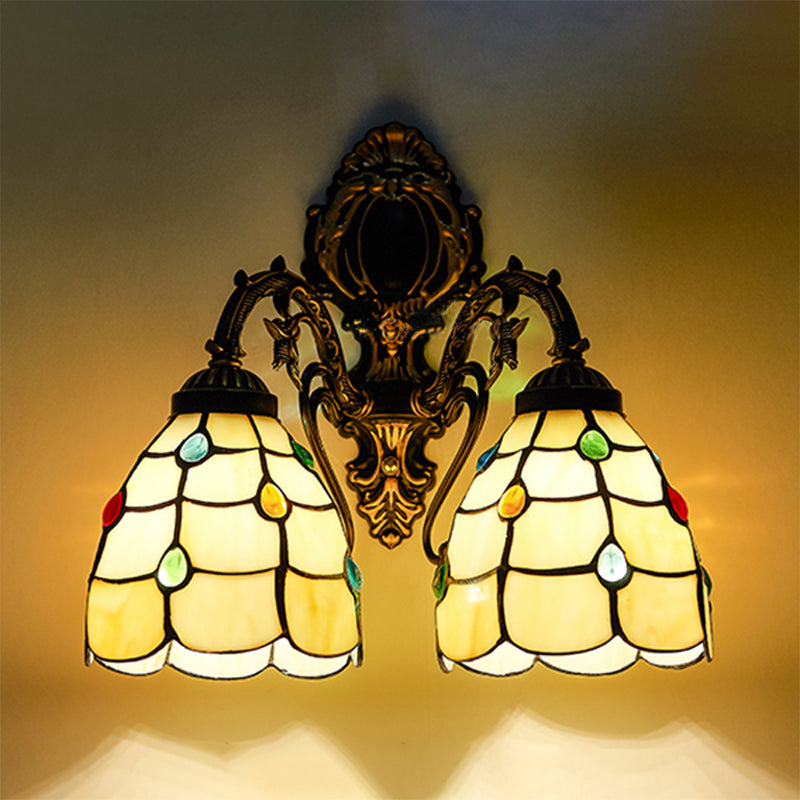 Stained Glass Bowl Wall Sconce Light 2 Lights Vintage Wall Lighting with Colorful Bead in Bedroom Beige Clearhalo 'Industrial' 'Middle century wall lights' 'Tiffany wall lights' 'Tiffany' 'Wall Lamps & Sconces' 'Wall Lights' Lighting' 175146