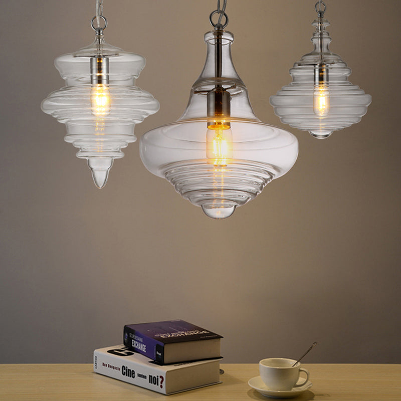 Contemporary Spool/Bell Pendant Light Clear/Blue Ruffle Glass 1 Light Bedroom Hanging Ceiling Light Clearhalo 'Ceiling Lights' 'Glass shade' 'Glass' 'Modern Pendants' 'Modern' 'Pendant Lights' 'Pendants' Lighting' 175150