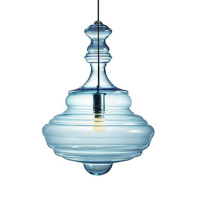 Contemporary Spool/Bell Pendant Light Clear/Blue Ruffle Glass 1 Light Bedroom Hanging Ceiling Light Clearhalo 'Ceiling Lights' 'Glass shade' 'Glass' 'Modern Pendants' 'Modern' 'Pendant Lights' 'Pendants' Lighting' 175160