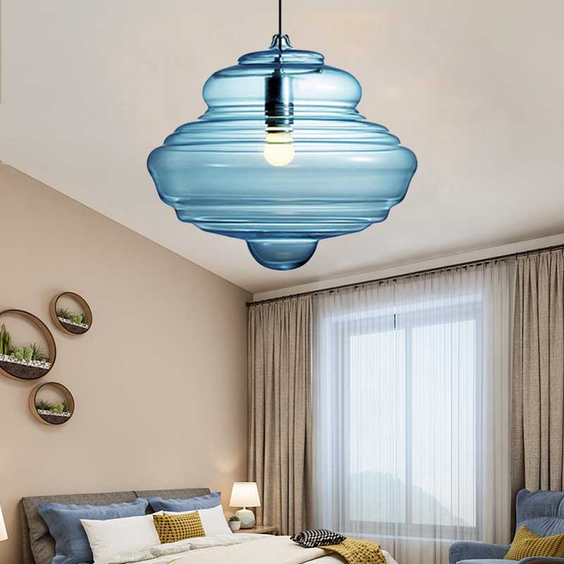 Contemporary Spool/Bell Pendant Light Clear/Blue Ruffle Glass 1 Light Bedroom Hanging Ceiling Light Clearhalo 'Ceiling Lights' 'Glass shade' 'Glass' 'Modern Pendants' 'Modern' 'Pendant Lights' 'Pendants' Lighting' 175162