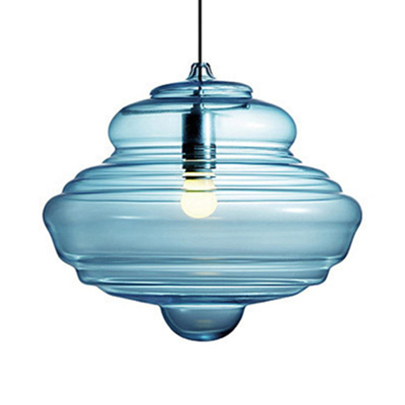 Contemporary Spool/Bell Pendant Light Clear/Blue Ruffle Glass 1 Light Bedroom Hanging Ceiling Light Clearhalo 'Ceiling Lights' 'Glass shade' 'Glass' 'Modern Pendants' 'Modern' 'Pendant Lights' 'Pendants' Lighting' 175163