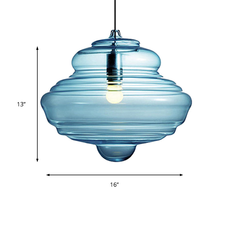 Contemporary Spool/Bell Pendant Light Clear/Blue Ruffle Glass 1 Light Bedroom Hanging Ceiling Light Clearhalo 'Ceiling Lights' 'Glass shade' 'Glass' 'Modern Pendants' 'Modern' 'Pendant Lights' 'Pendants' Lighting' 175164