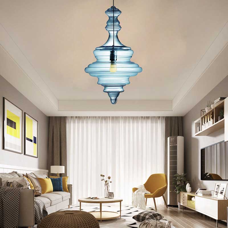 Contemporary Spool/Bell Pendant Light Clear/Blue Ruffle Glass 1 Light Bedroom Hanging Ceiling Light Clearhalo 'Ceiling Lights' 'Glass shade' 'Glass' 'Modern Pendants' 'Modern' 'Pendant Lights' 'Pendants' Lighting' 175165